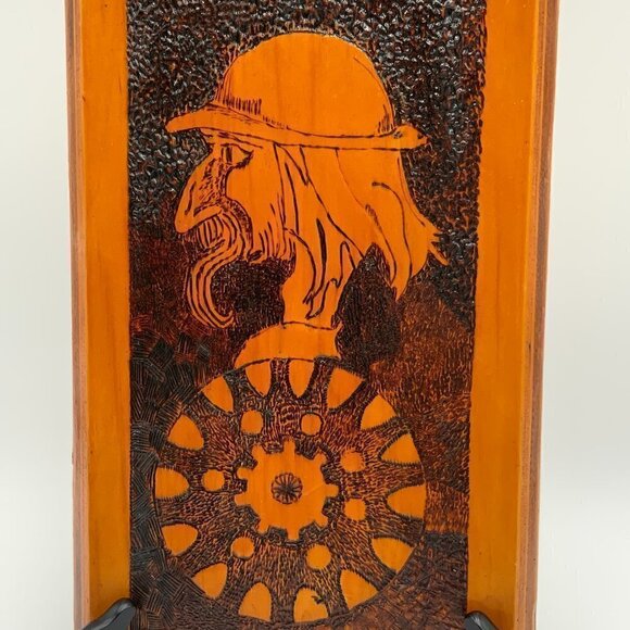Vintage Handmade Pyrography Wall Art Man and Wheel 12" x 8" - Picture 7 of 9